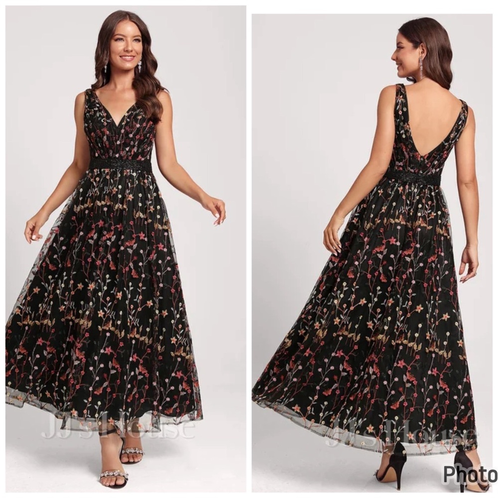 JJ’s House Black A Line V Neck Lace Embroidered Floral Cocktail Dress Beading 4